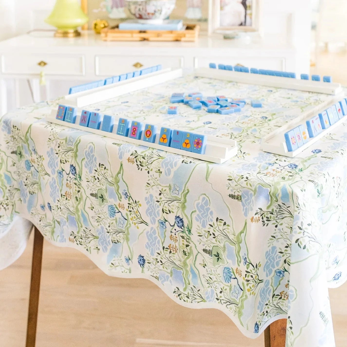 Scalloped Blue Pagoda Square Tablecloth