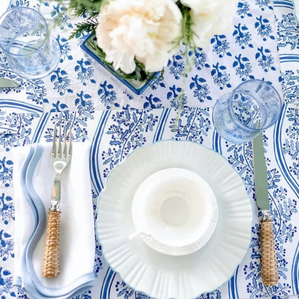 Scalloped Square Linen Napkin with Cornflower Blue Trim