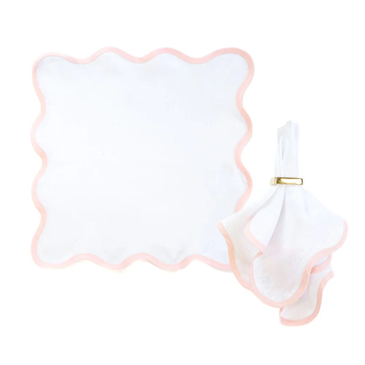 Scalloped Square Linen Napkin with Peony Pink Trim