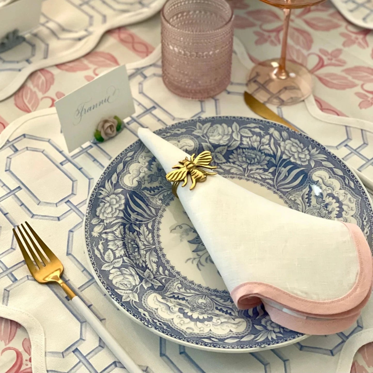 Scalloped Square Linen Napkin with Peony Pink Trim